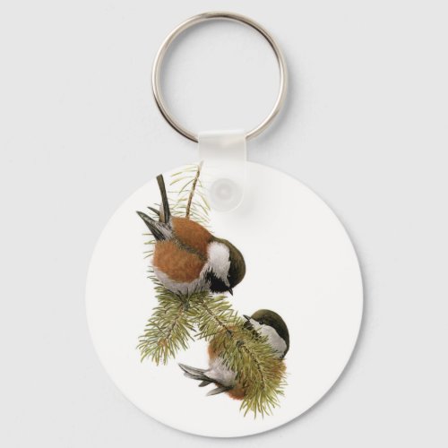 Pair of Chestnut_backed Chickadee on Pine Tree Keychain