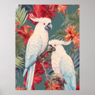 Pair of Cockatoos in a Flowering Tree Poster
