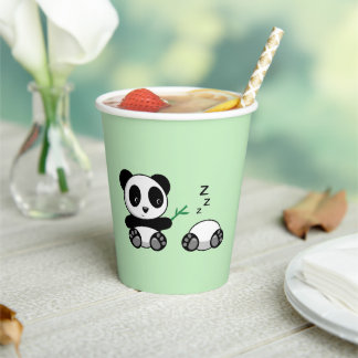 Pair of Cute Little Pandas on Green Paper Cups
