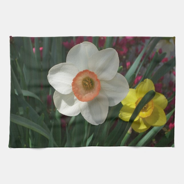 Pair of Daffodils Pink and Yellow Spring Flowers Kitchen Towel (Horizontal)