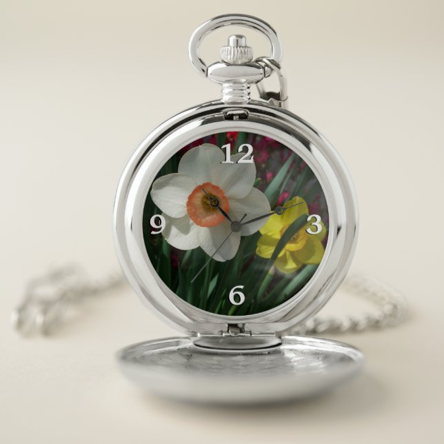 Pair of Daffodils Pink and Yellow Spring Flowers Pocket Watch (Inside)