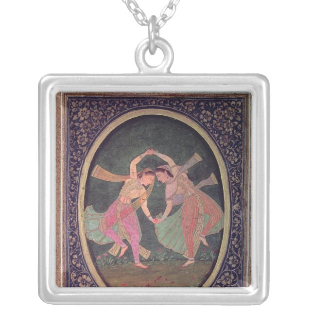 Pair of dancing girls performing a Kathak Silver Plated Necklace (Front)