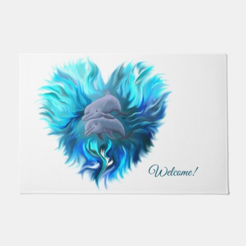 Pair of dolphins  Dolphin Heart Doormat