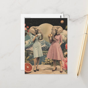 pair of elephant ladies Surreal breakfast collage Postcard