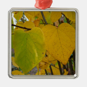 Pair of Fall Redbud Leaves Autumn Photography Metal Ornament