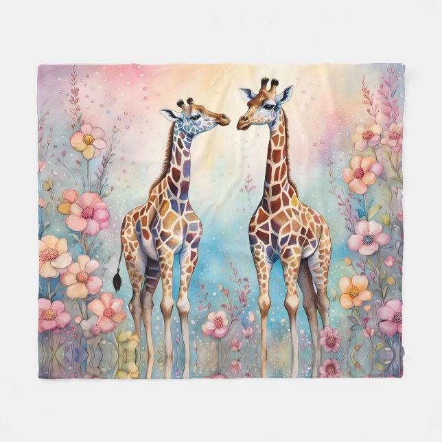 Pair of Giraffes In a Pastel Garden Fleece Blanket (Front (Horizontal))
