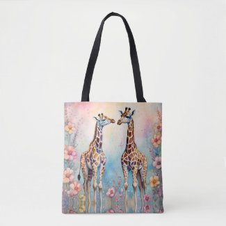 Pair of Giraffes In a Pastel Garden