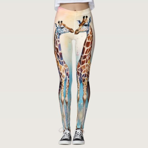 Pair of Giraffes in Love in a Pastel Garden Leggings