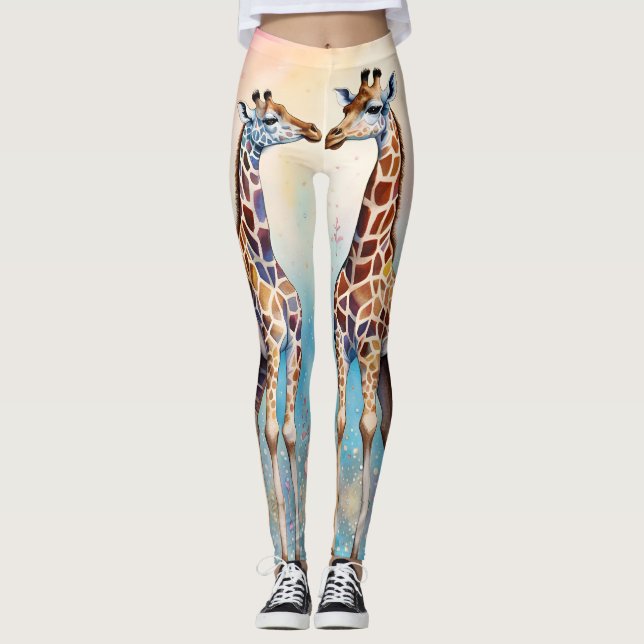 Pair of Giraffes in Love in a Pastel Garden Leggings (Front)