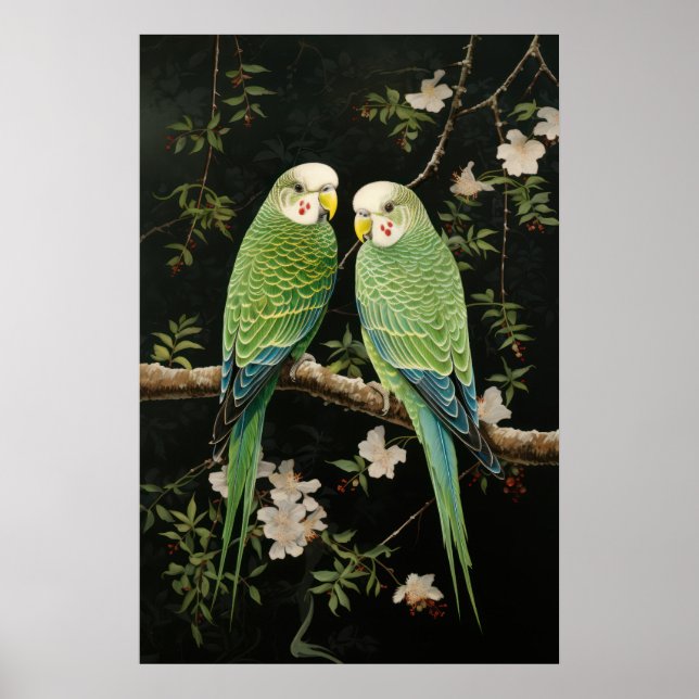Pair of Green Budgerigars Poster (Front)