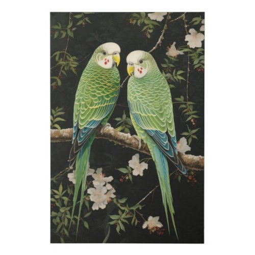 Pair of green budgies in a flowering  tree faux canvas print