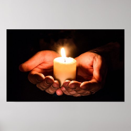 Pair of Hands Holding a Lit Candle Dark Night Poster