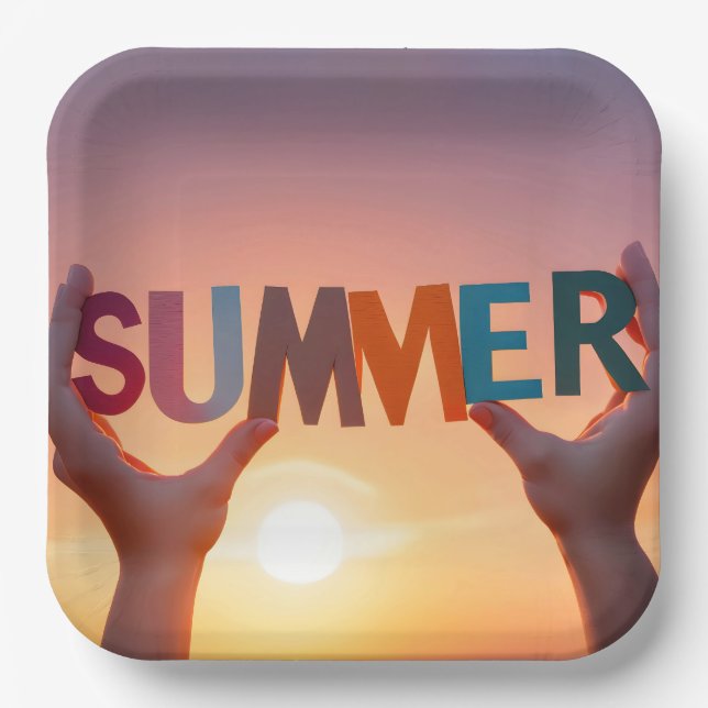 Pair of Hands Holding Summer Text  Paper Plates (Front)