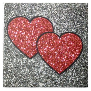 Pair Of Hearts In Red Glitter Ceramic Tile by RetroZone at Zazzle