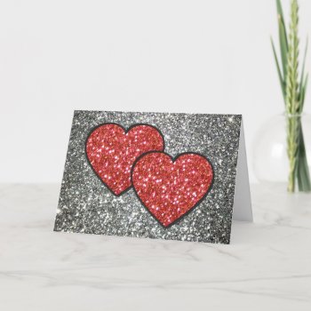 Pair Of Hearts In Red Glitter Holiday Card by RetroZone at Zazzle