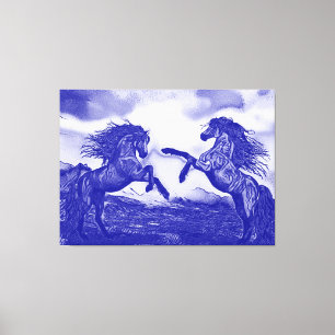 Pair Of Horses in Blue & White V1 Canvas Print