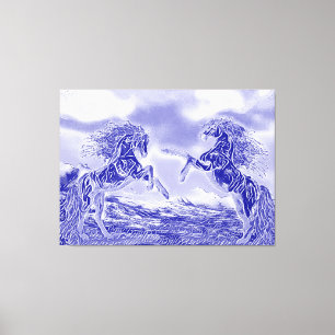 Pair Of Horses in Blue & White V3 Canvas Print