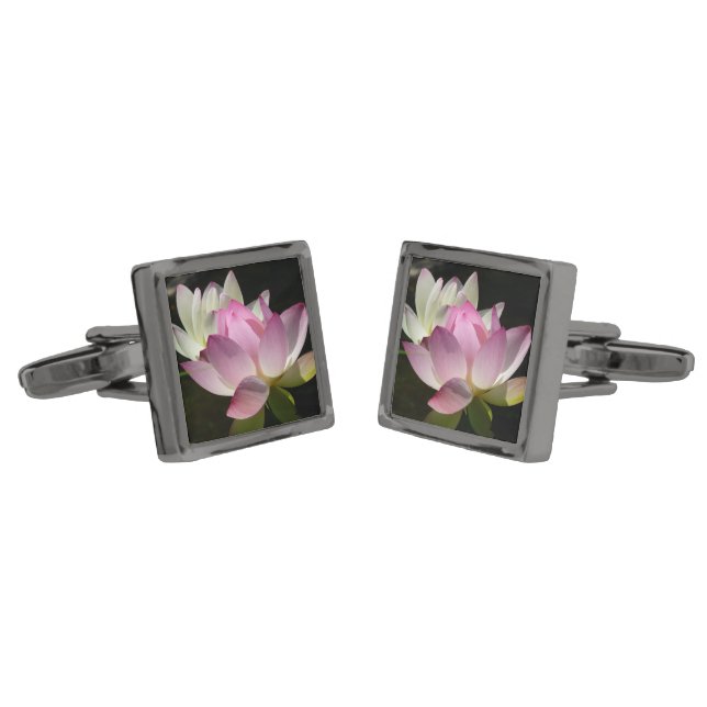 Pair of Lotus Flowers II Gunmetal Finish Cufflinks (Angled)