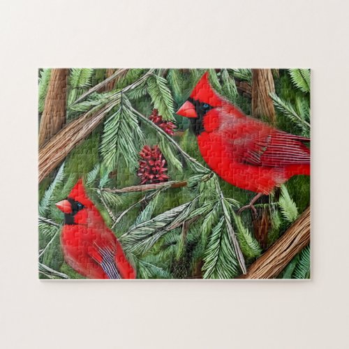 Pair of Majestic Wild Red Cardinals Jigsaw Puzzle