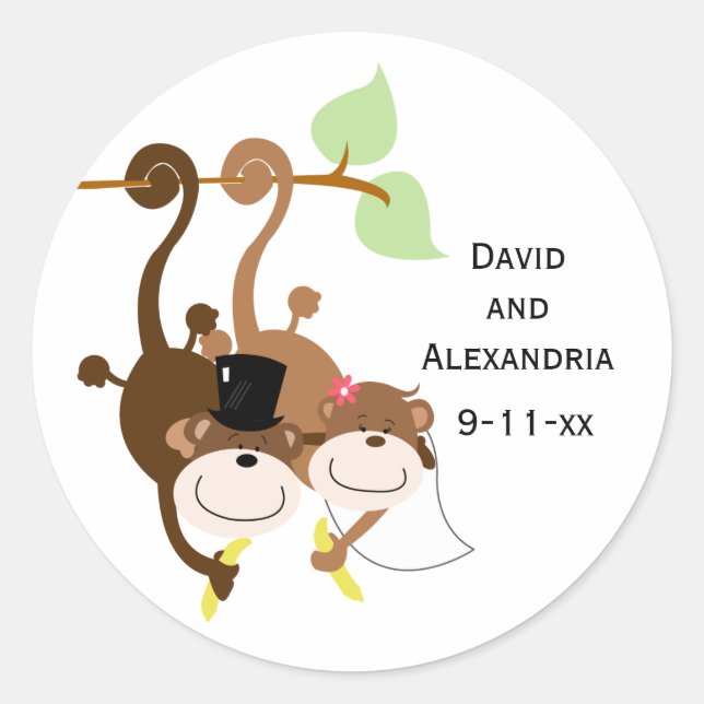 Pair of Monkeys in a Tree Wedding Bridal Favor Classic Round Sticker (Front)