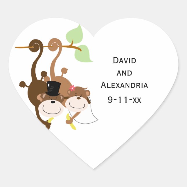 Pair of Monkeys in a Tree Wedding Bridal Favor Heart Sticker (Front)