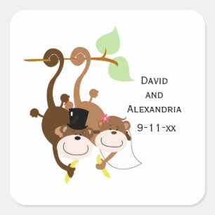 Pair of Monkeys in a Tree Wedding Bridal Favor Square Sticker