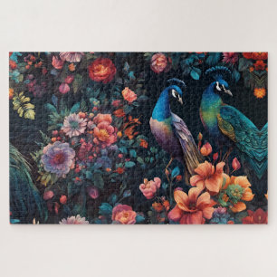 Pair of Peacocks In a Colorful Garden Jigsaw Puzzle