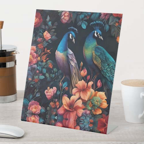 Pair of Peacocks In a Colorful Garden Pedestal Sign