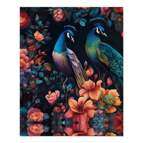 Pair of Peacocks In a Colorful Garden Poster