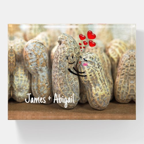 Pair of Peanuts with Hearts and Names Paperweight