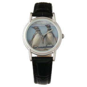 Pair of penguins on the beach watch