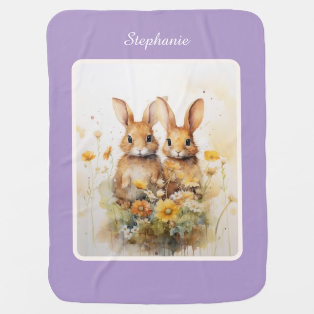 Pair of Rabbits Fleece Baby Blanket With Name (Front)