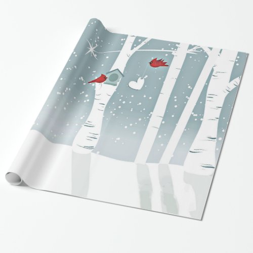 Pair of Red Cardinal Birds in Snowy Woods Wrapping Paper