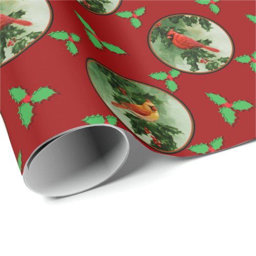 Pair of Red Cardinals and Holly Leaves Wrapping Paper