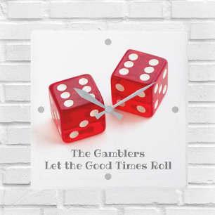 Pair of Red Dice Game Room Name Square Wall Clock