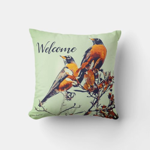 Pair of Robins Monochrome Welcome Throw Pillow