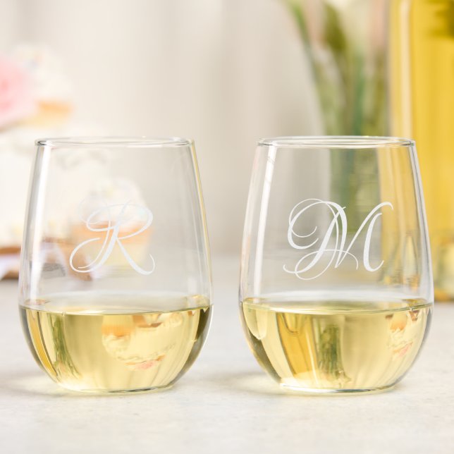 Pair of Simple One Letter Monogram Initial Stemless Wine Glass (Wedding)