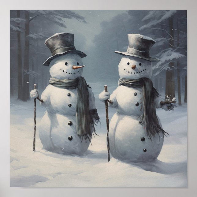 Pair of Snowmen in a Peaceful Forest Poster (Front)