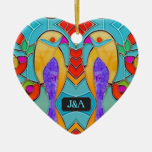 Pair of Stained Glass Birds with Their Initials Ceramic Ornament
