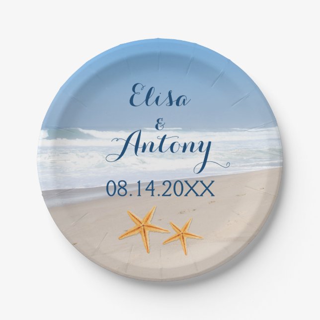 Pair of starfish destination beach wedding paper plates (Front)