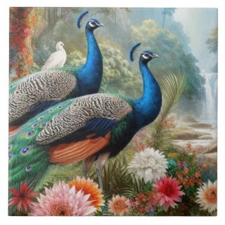 Pair of Teal Blue Peacocks Elegant Ceramic Tile