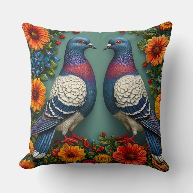 Pair of Vibrant Pigeons Surrounded by flowers Throw Pillow (Front)