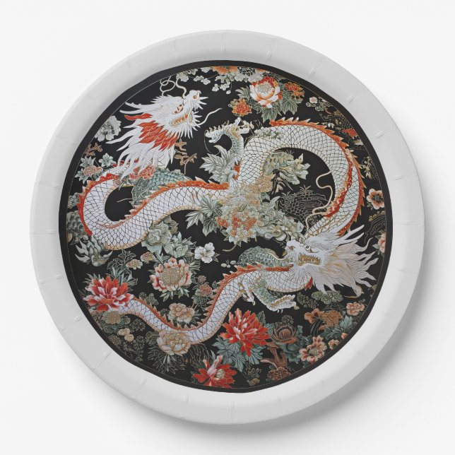 Pair of White Asian Dragons Paper Plates (Front)