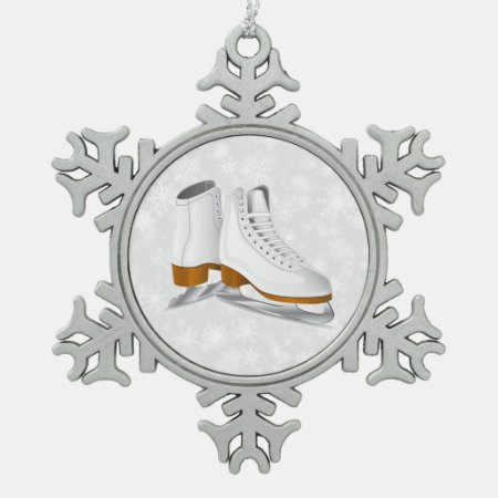 Pair Of White Ice Skates Pewter Snowflake Ornament