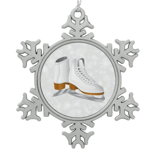 pair of white ice skates pewter snowflake ornament