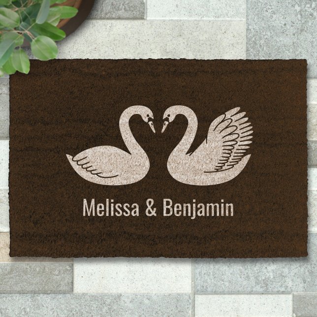 Pair of White Swans on Black Custom Text Fiber Doormat (Creator Uploaded)