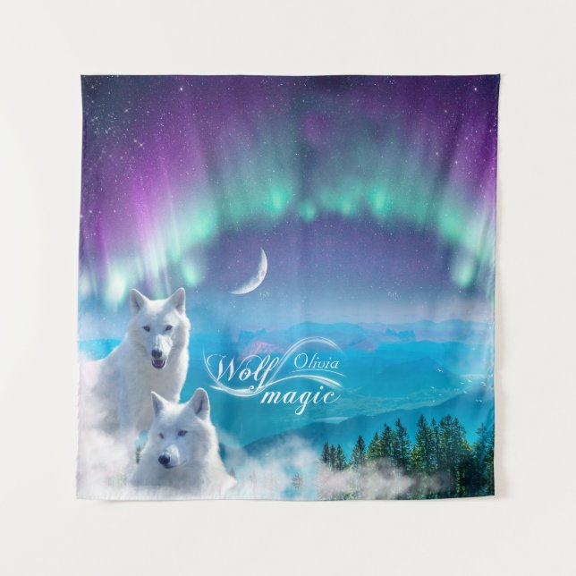 Pair of white wolves with northern lights tapestry (Front)