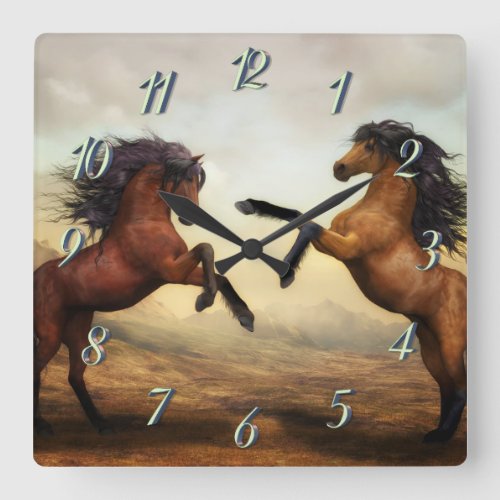 pair of wild horses  square wall clock