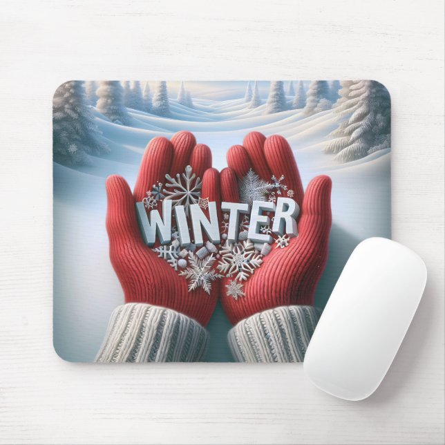 Pair of Winter Gloves With Snow Scene Mouse Pad (With Mouse)