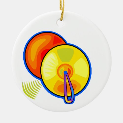 Pair of yellow cymbals outlined in blue graphic ceramic ornament